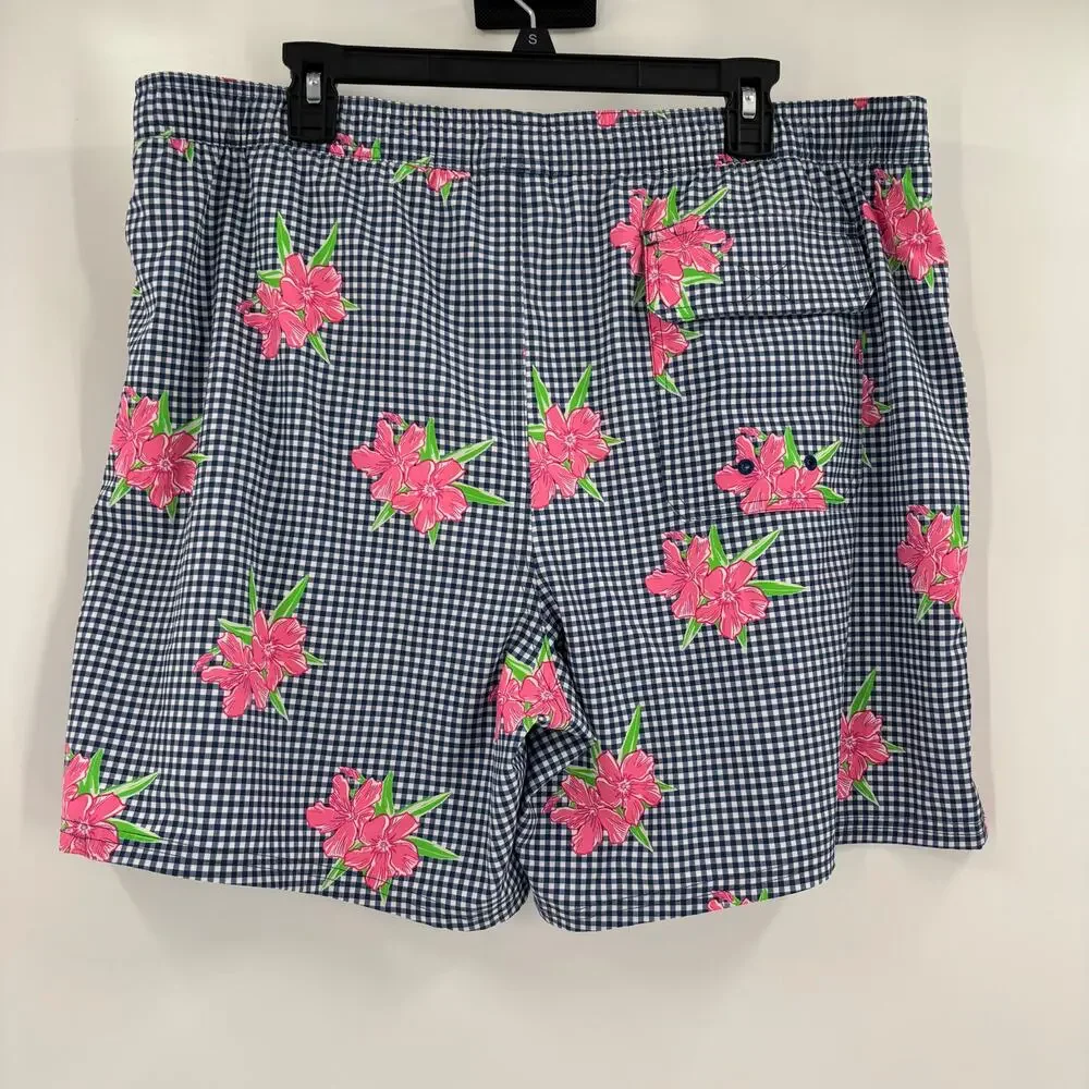 Vineyard Vines Mens XL Blue White Check Floral Pattern Drawstring Swim Trunks